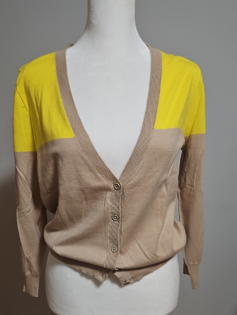 Beige and Yellow V-Neck Button Cardigan Sweater
